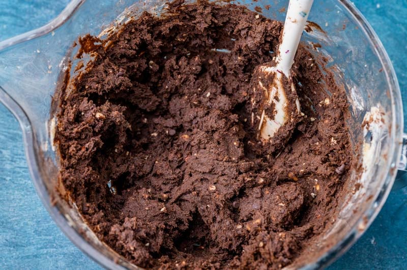 double chocolate cookie dough batter in a bowl