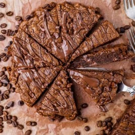 overhead view of mocha chocolate cookie pie cut in slices