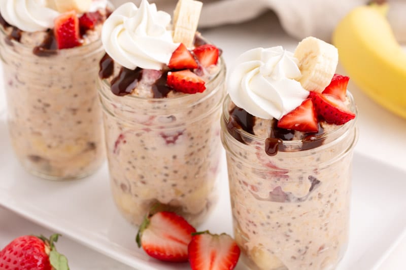 banana split overnight oats on a table