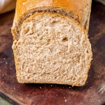 closeup of a slice of whole wheat sourdough bread