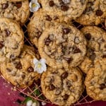 overhead view of chocolate chip cookies on a rack