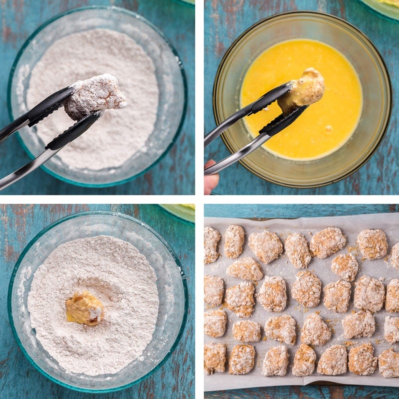 collage of how to make flour coated chicken nuggets