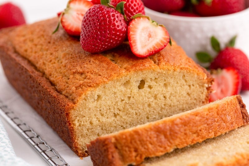 sliced strawberry yogurt cake on a table