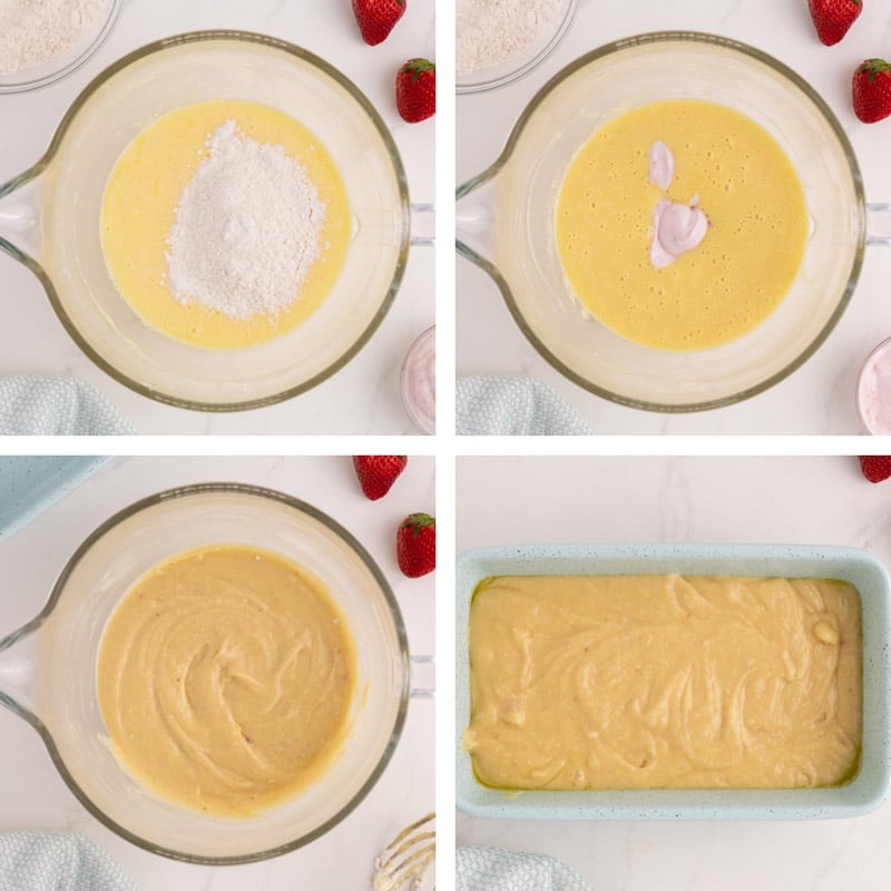 collage of how to make yogurt cake batter