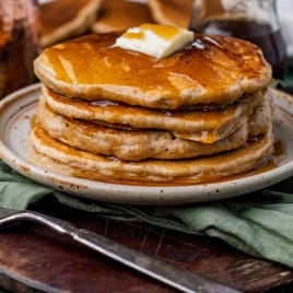 a stack of sourdough whole wheat pancakes