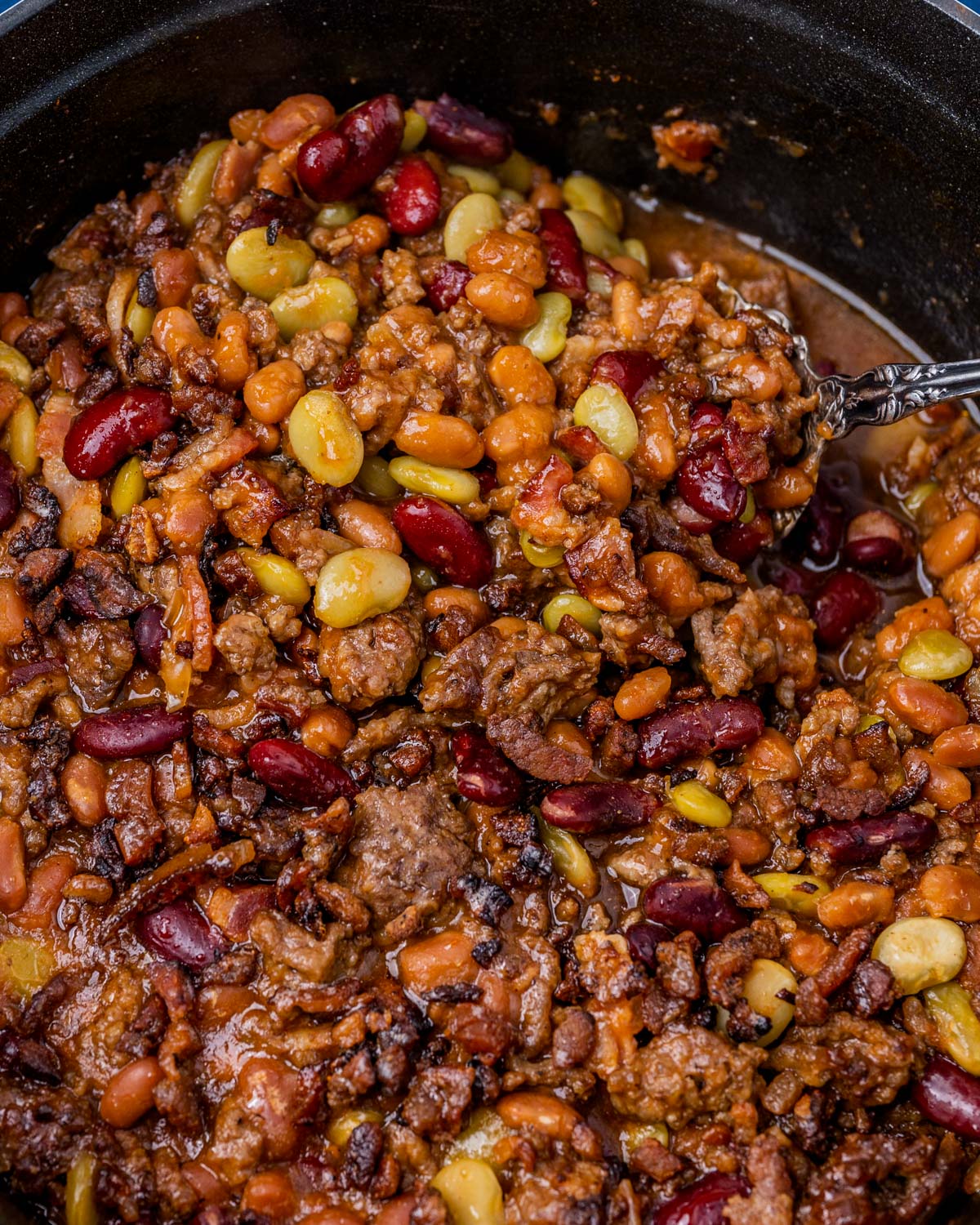 closeup of calico beans in a pan