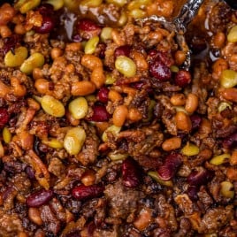 closeup of calico beans in a dish