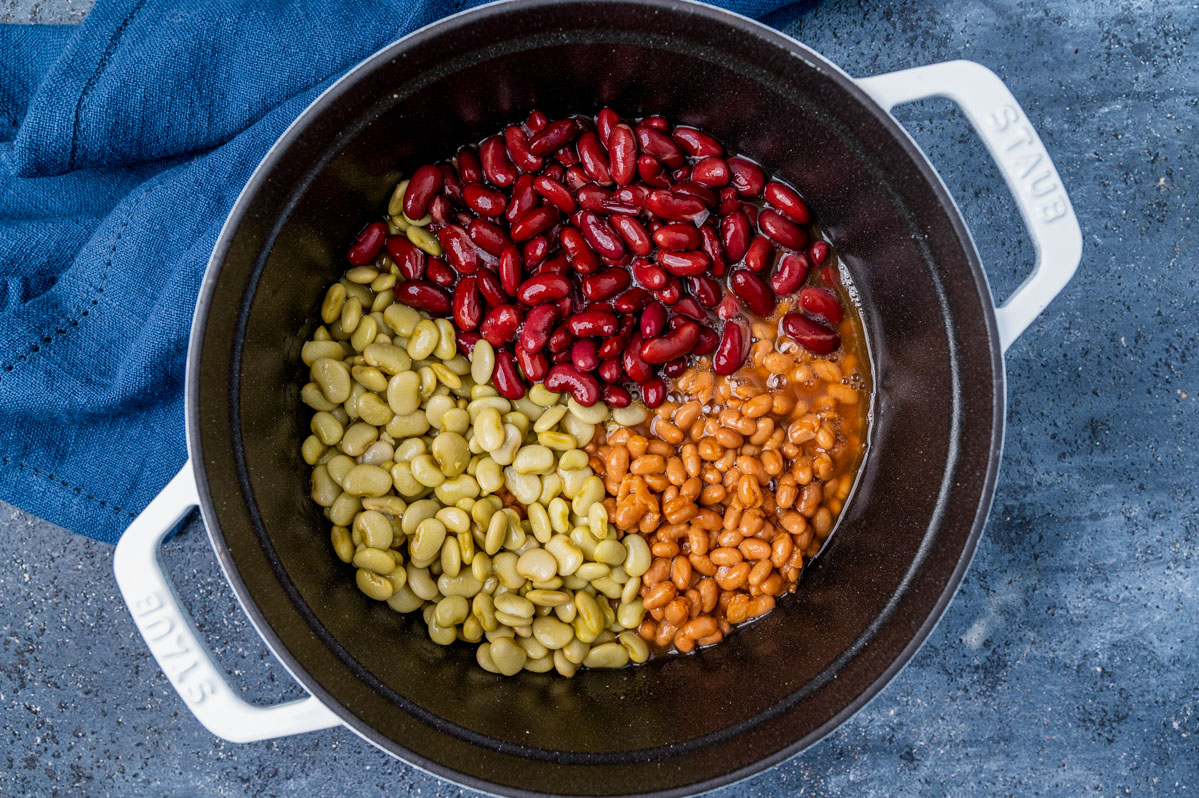 3 types of beans in a dutch oven