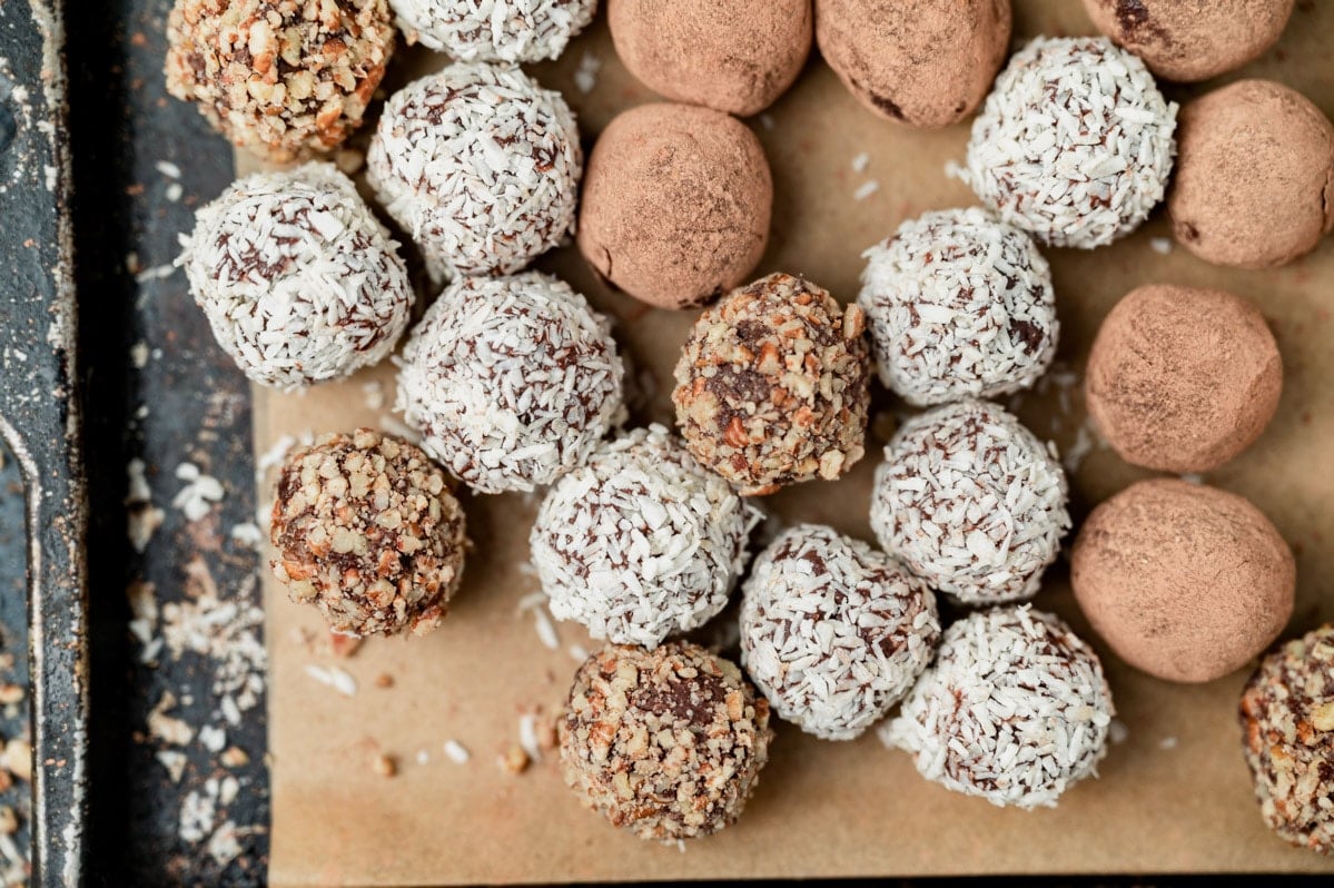 overhead view of chocolate truffles on a pan