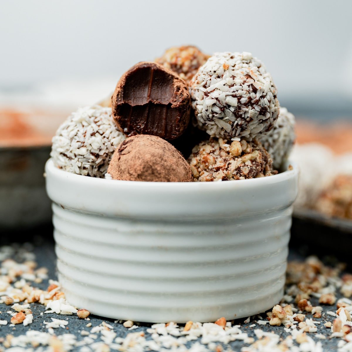a bowl of chocolate truffles