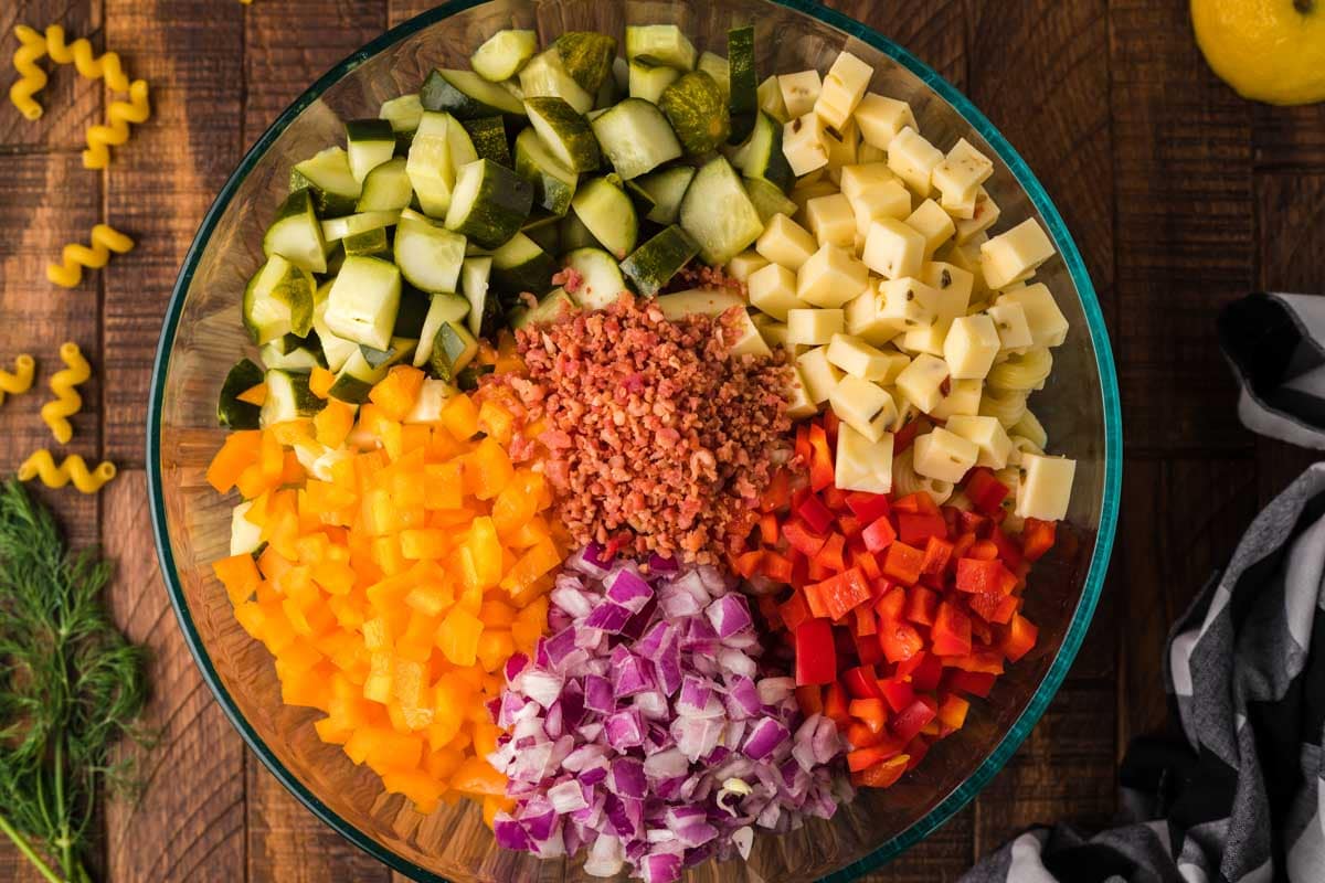 ingredients for pasta salad in a bowl