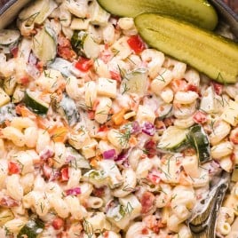 overhead view of dill pickle pasta salad in a bowl