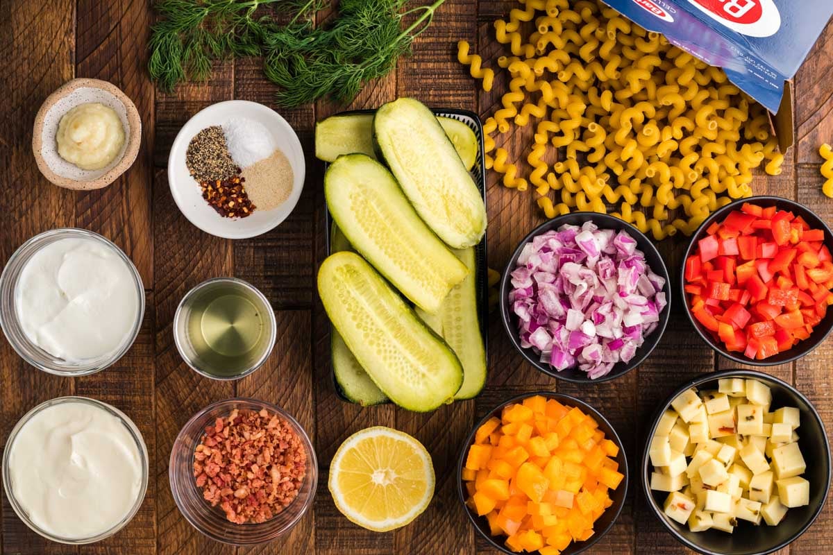 ingredients for pasta salad on a table