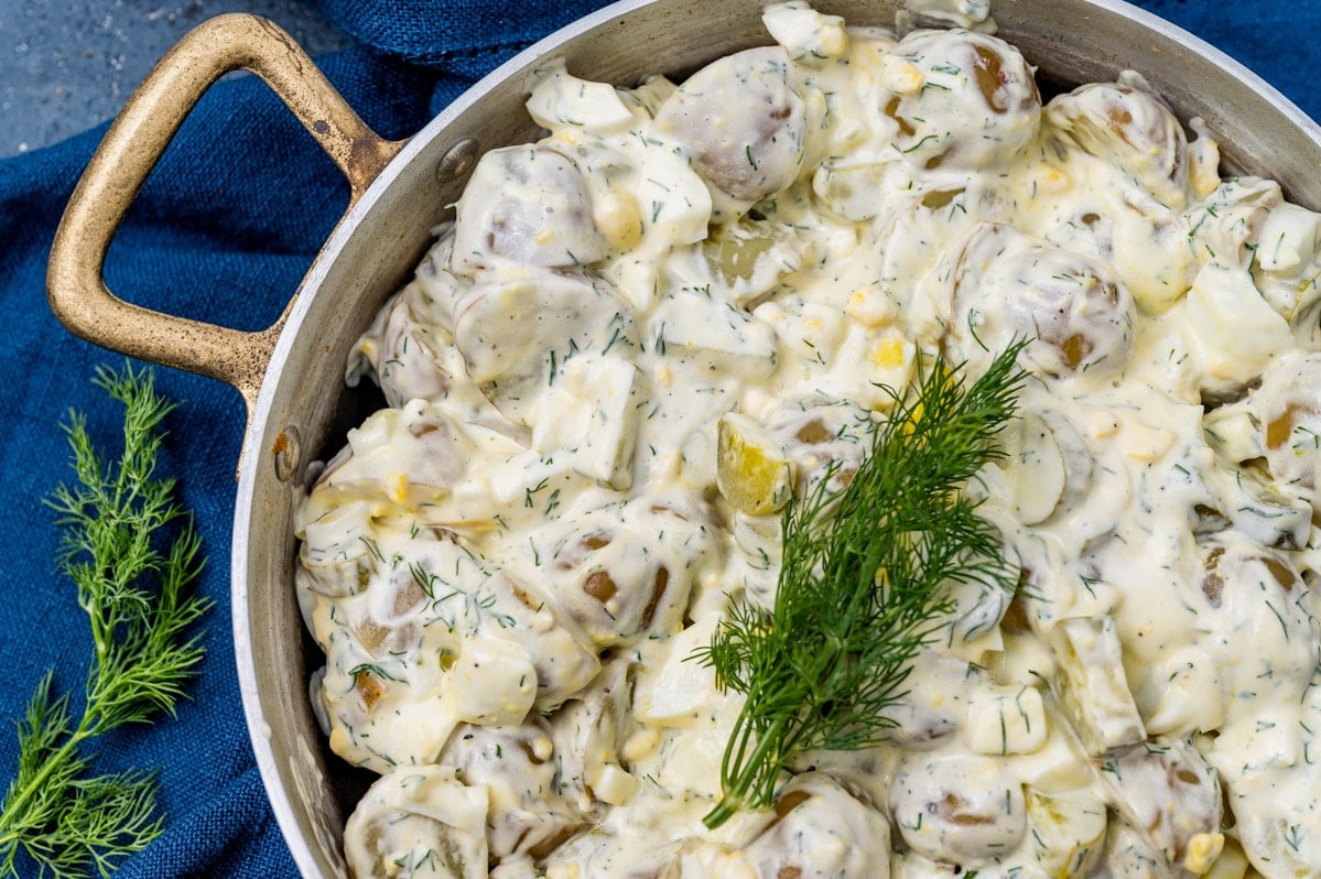closeup of creamy dill potato salad with fresh dill on top