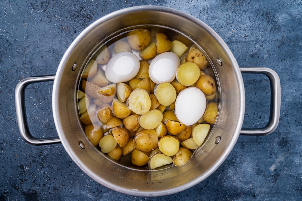 eggs and potatoes in a saucepan with water