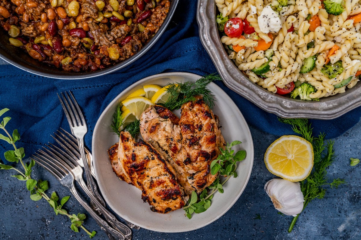 overhead view of grilled chicken on a table