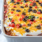 mexican lasagna in a baking pan