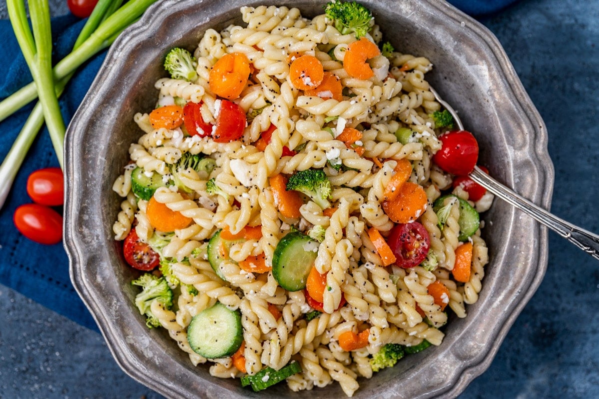 overhead view of poppy seed pasta salad in a bowl