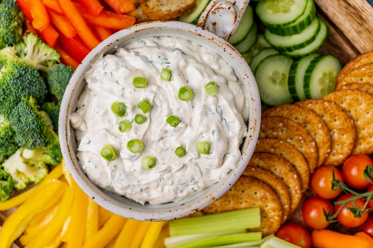 overhead view of a bowl of vegetable dip with green onion