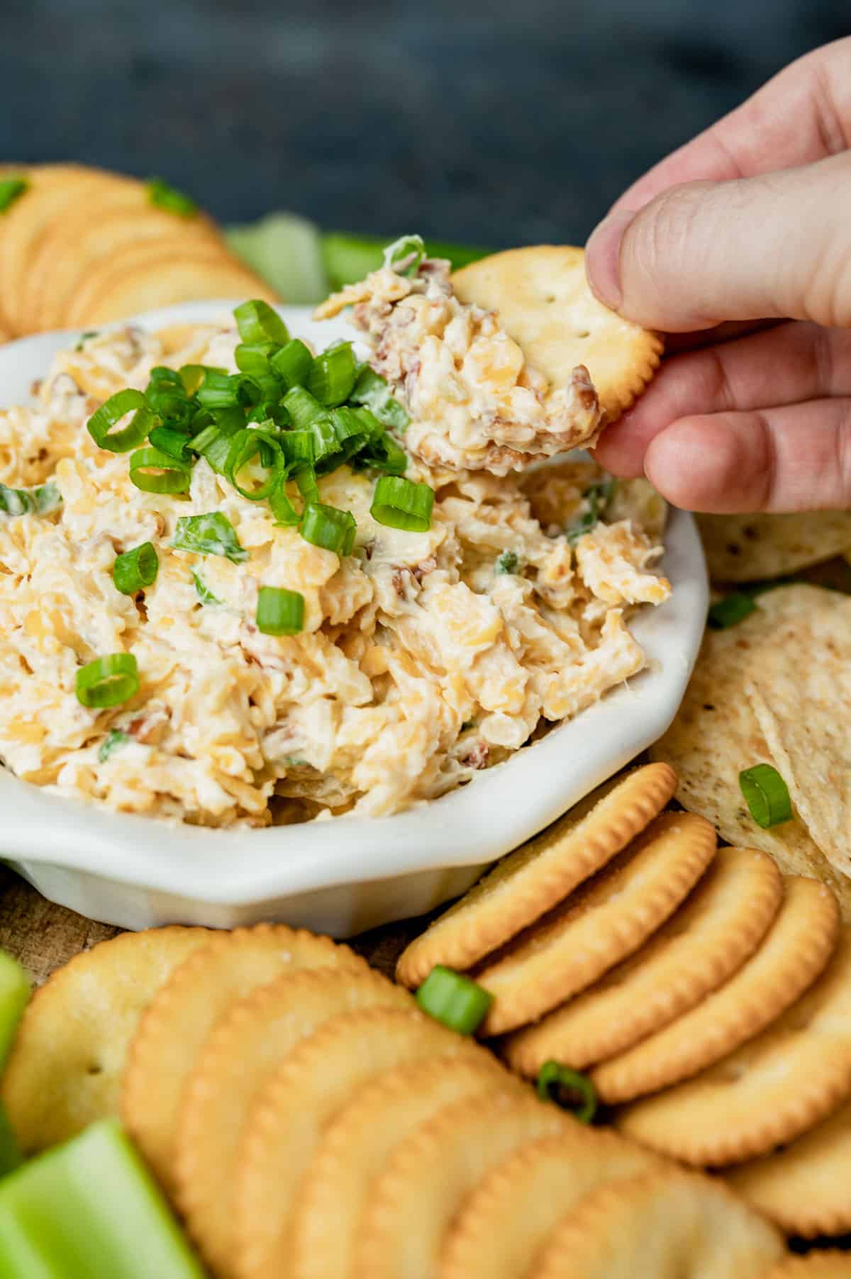 crackers and neiman marcus dip in a bowl