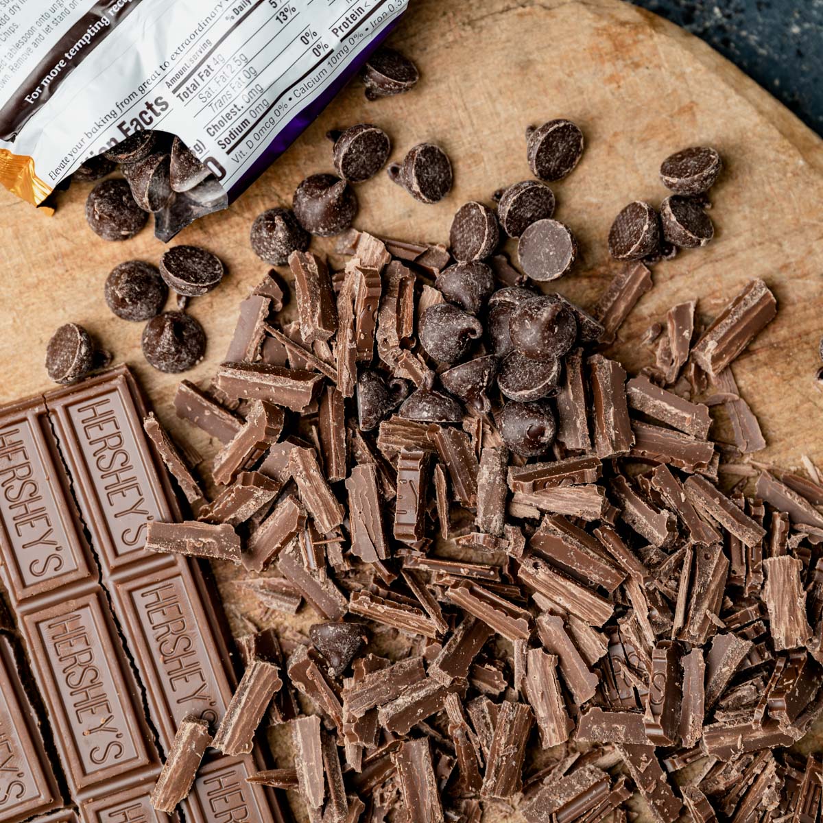 chopped hershey bars and chocolate chips on a cutting board