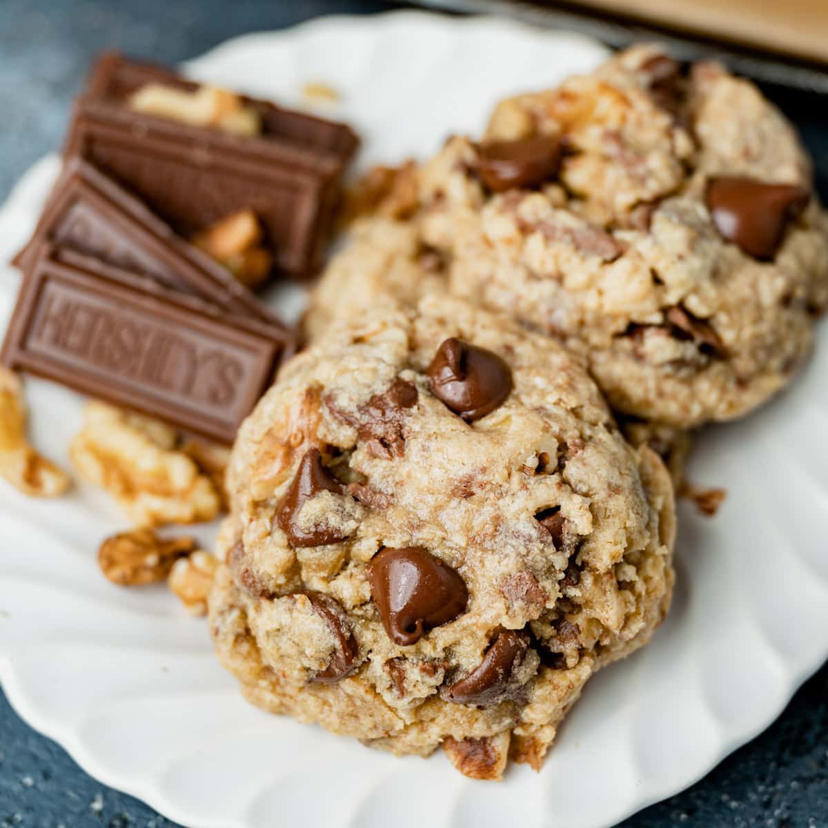 a plate with two oatmeal chocolate chip cookies