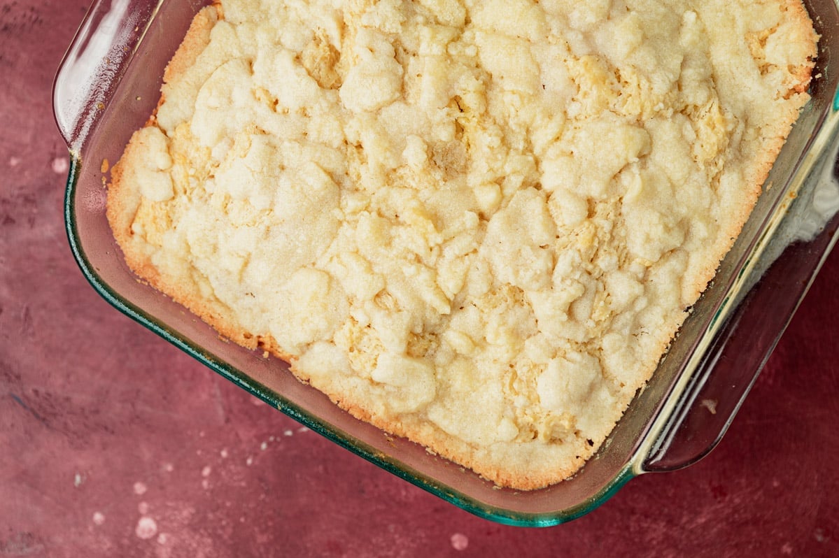 overhead view of shortcake in a pan