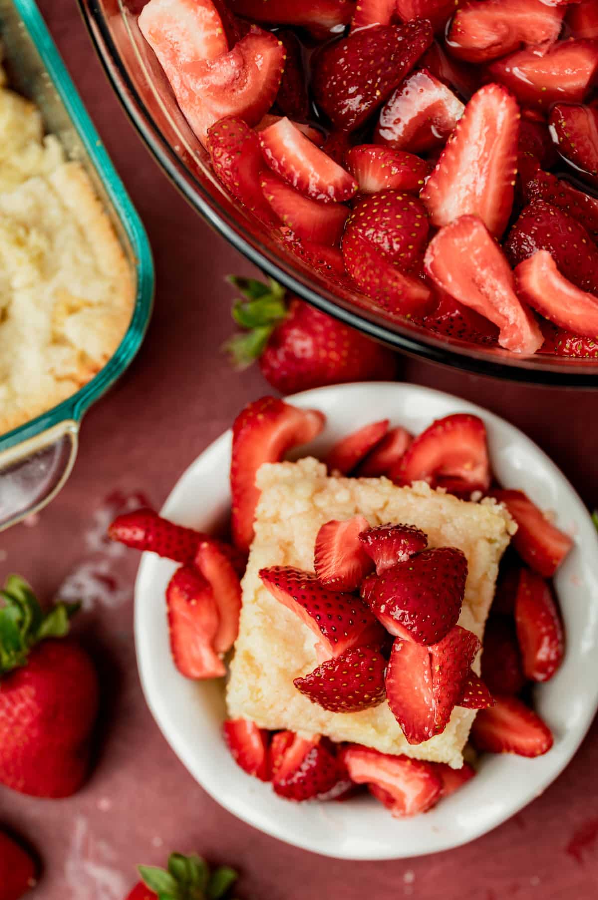 overhead view of strawberry shortcake on a table