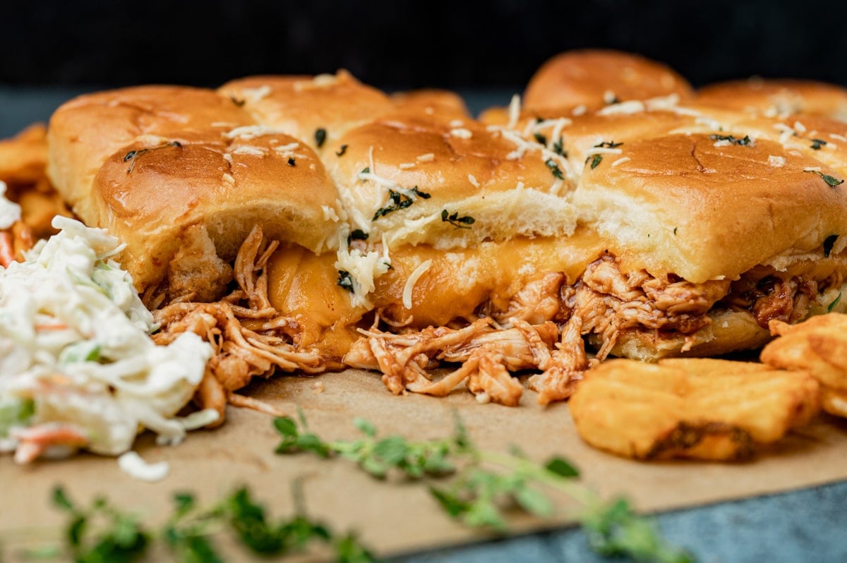 sliders with bbq chicken and cheddar cheese