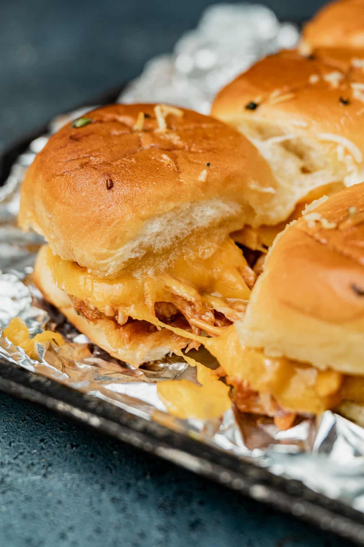 bbq chicken sliders with melty cheddar cheese