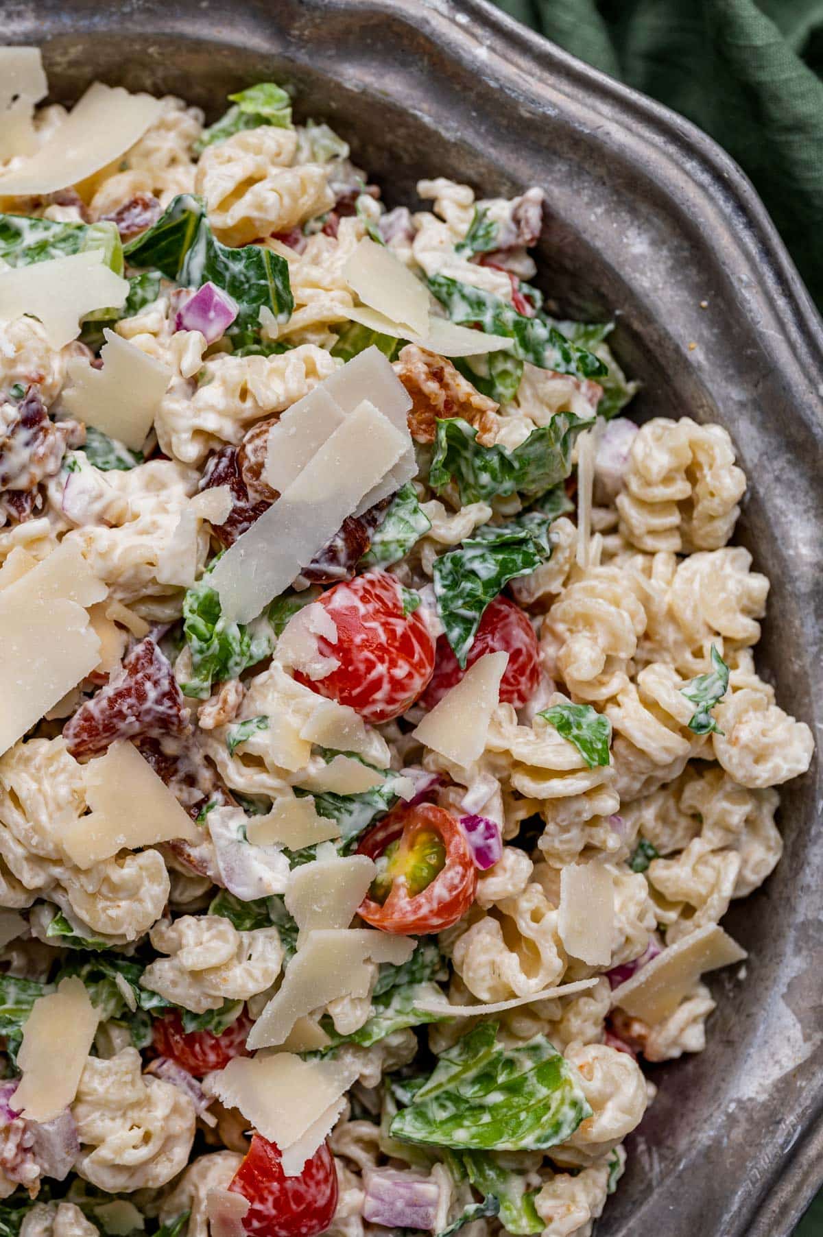 overhead view of a bowl of pasta salad