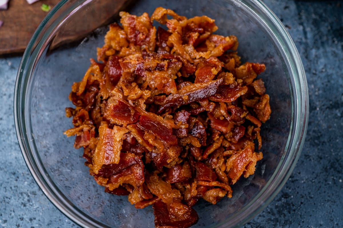 crumbled bacon in a glass bowl