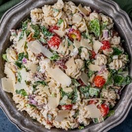 bacon lettuce tomato pasta salad in a bowl