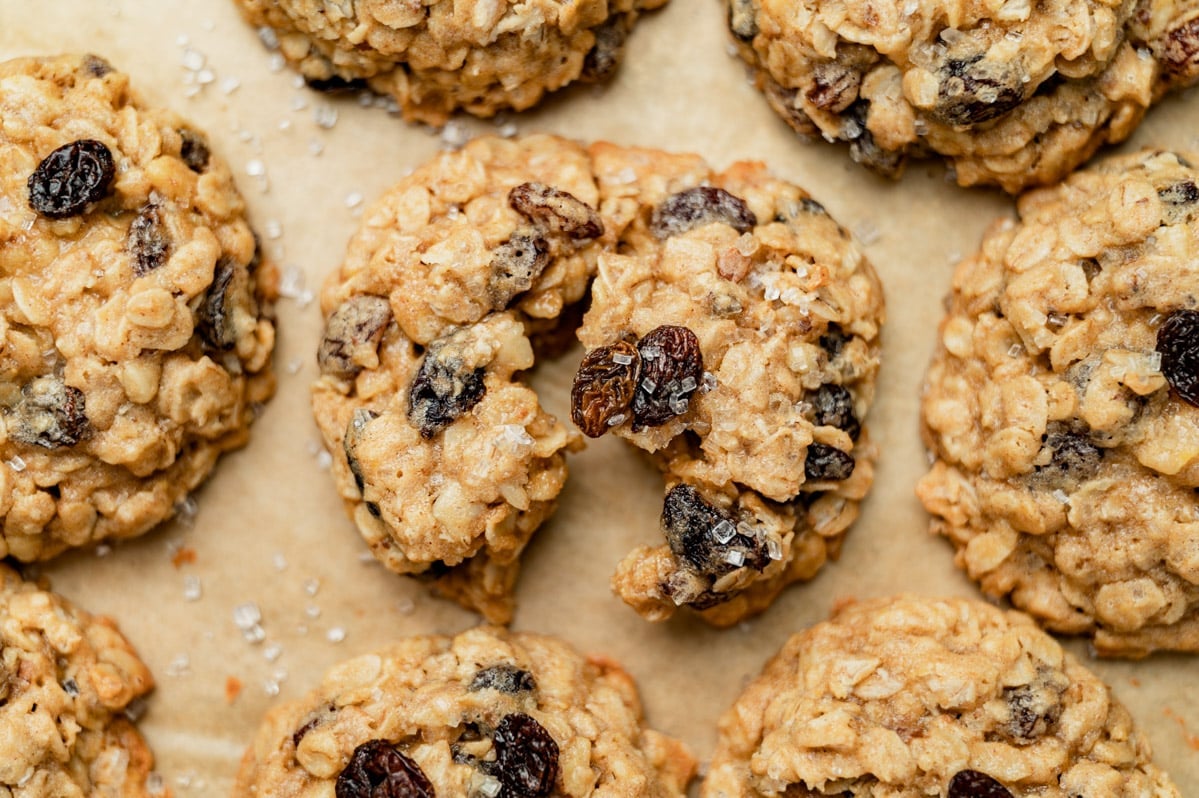 overhead view of a cinnamon raisin oatmeal cookie