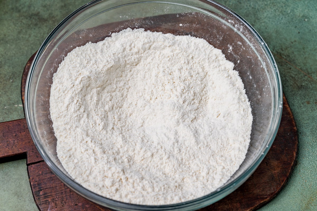 flour in a glass mixing bowl