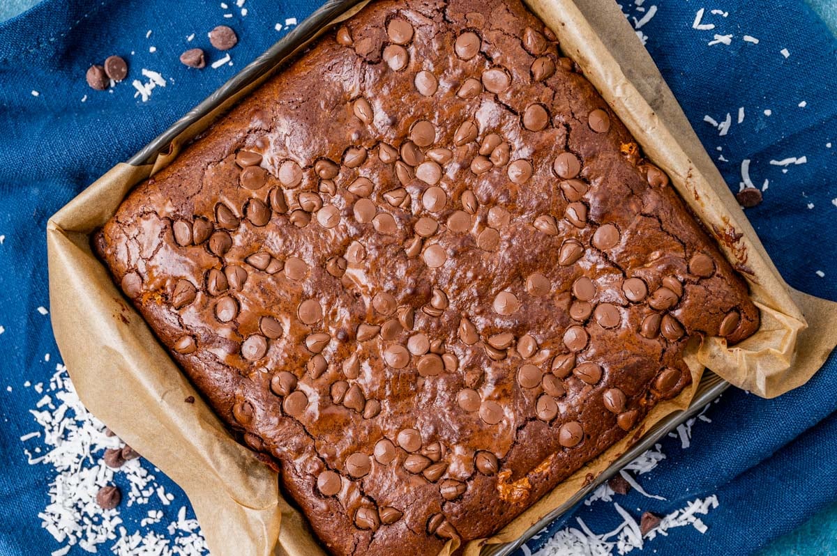 overhead view of an 8x8 pan of brownies