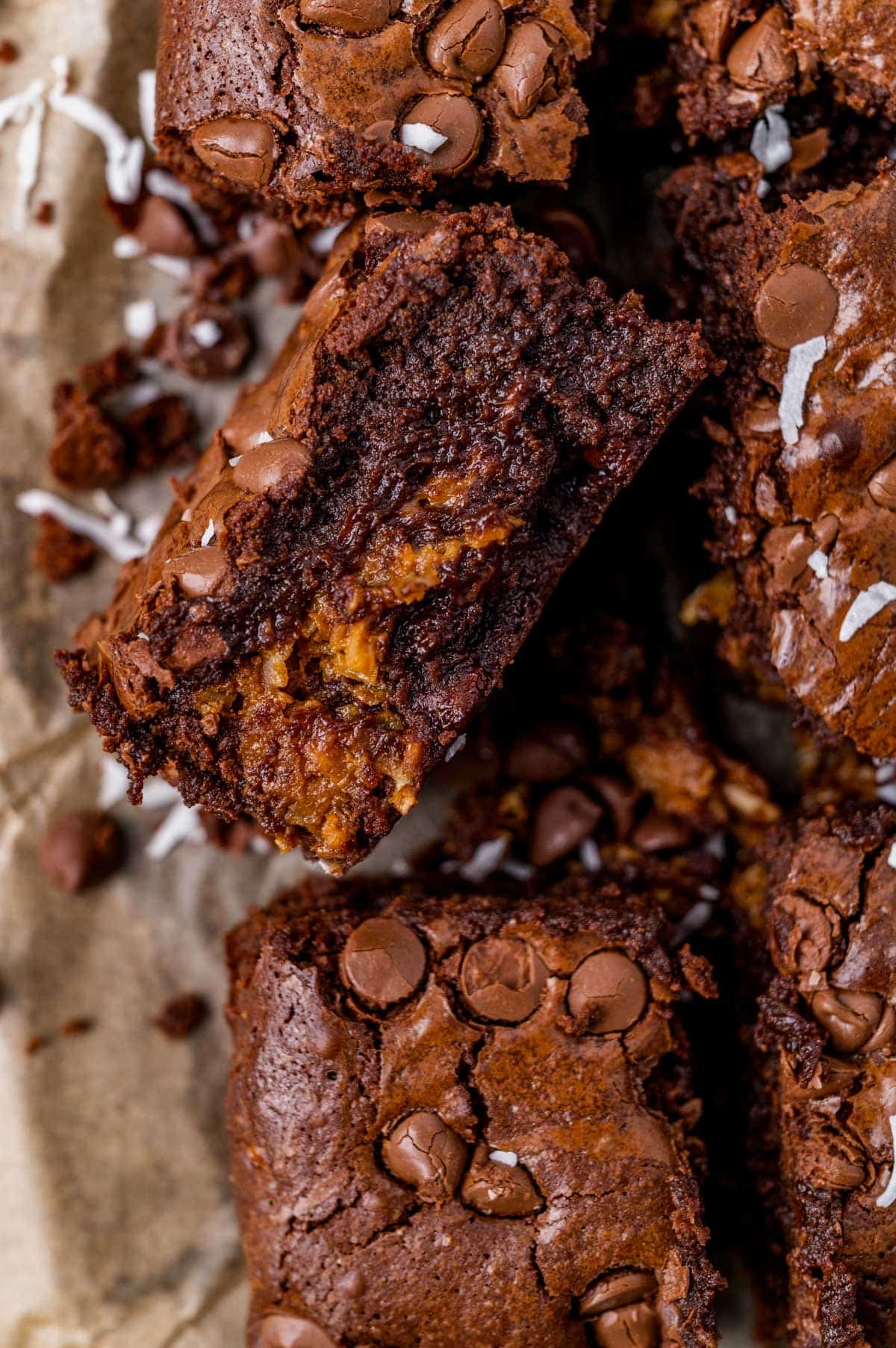 overhead view of a fudgy coconut dulce de leche brownie