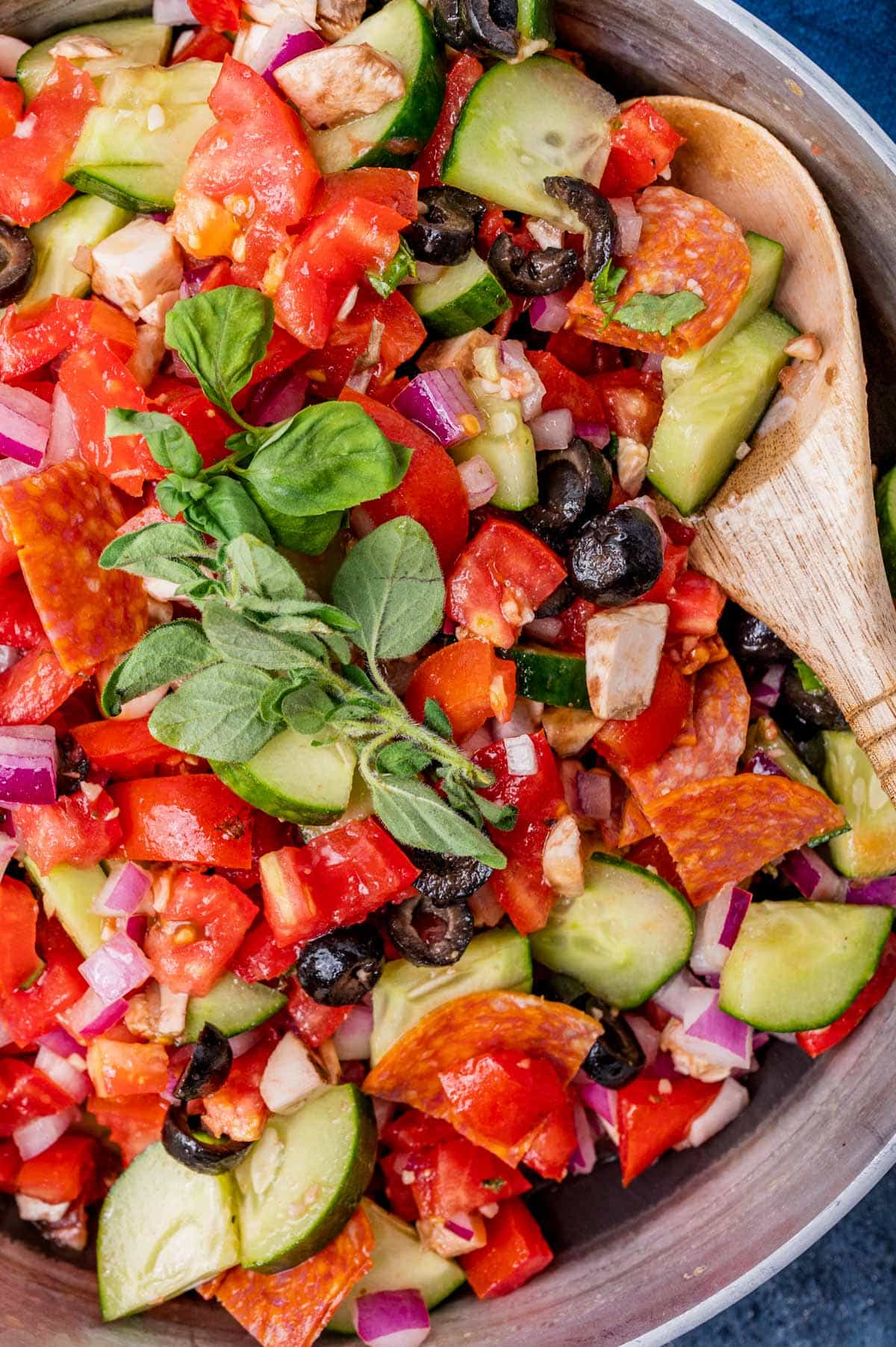 closeup of healthy antipasto salad with fresh oregano on top