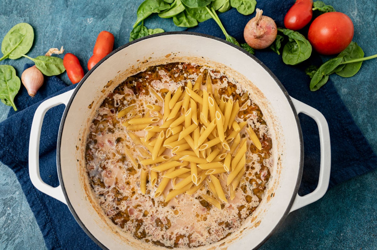 ground pork with pasta , broth and milk in a skillet