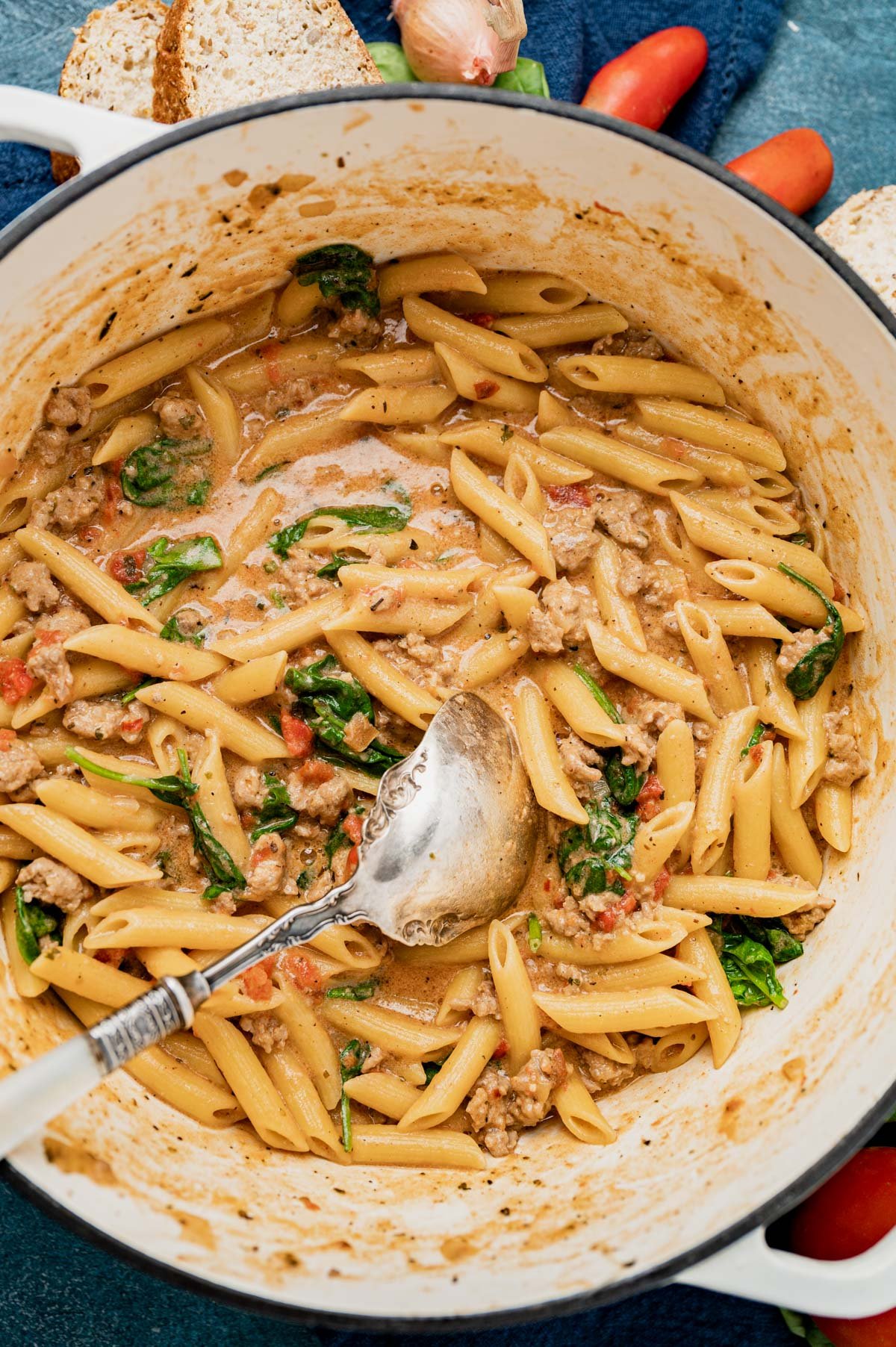 italian sausage pasta skillet in a dutch oven