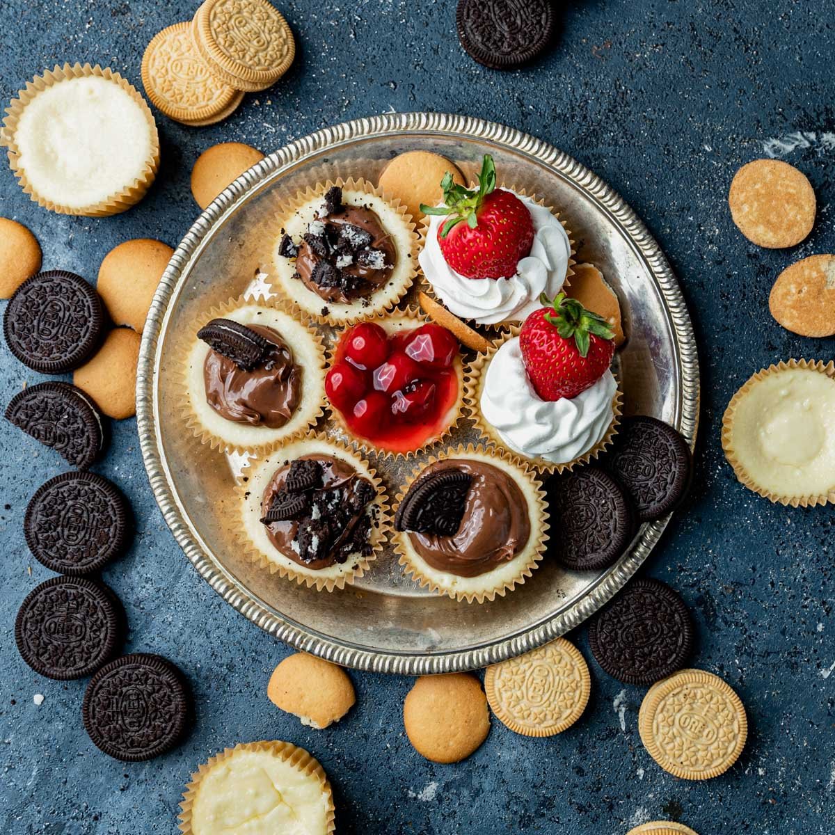 overhead view of cheesecakes sitting on a plate