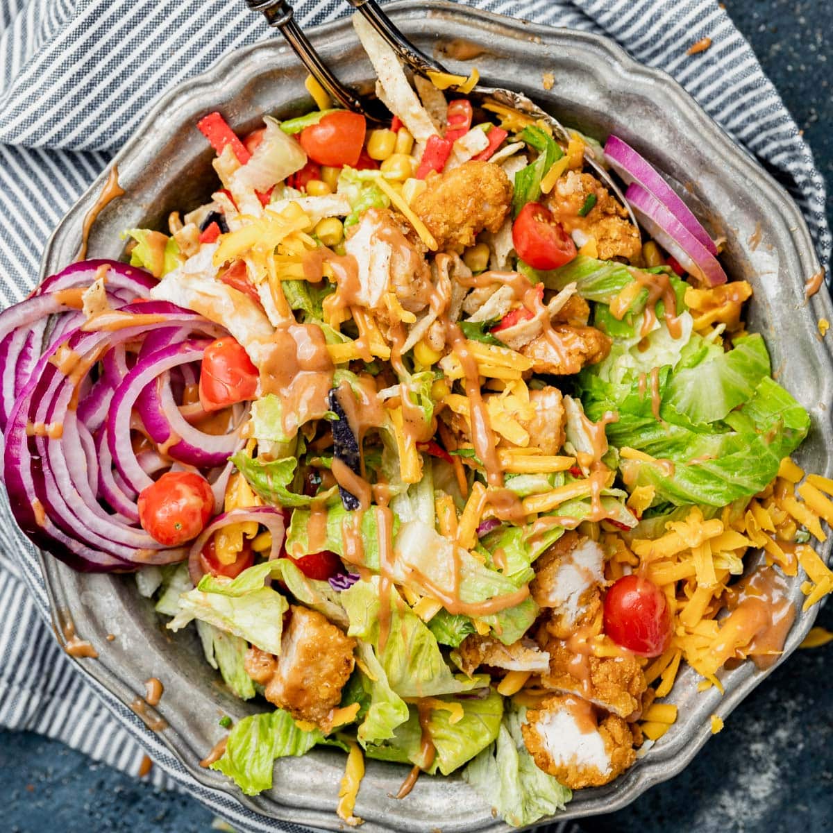 overhead view of a bowl of bbq chicken salad