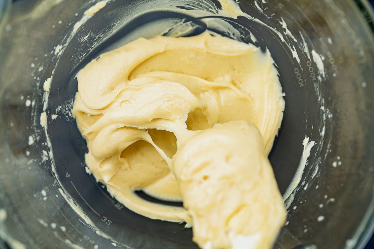 cream puff batter in a mixing bowl