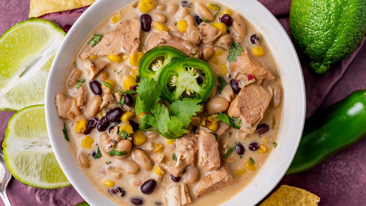 a bowl of slow cooker white chicken chili