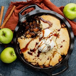 overhead view of apple pandowdy in a cast iron skillet