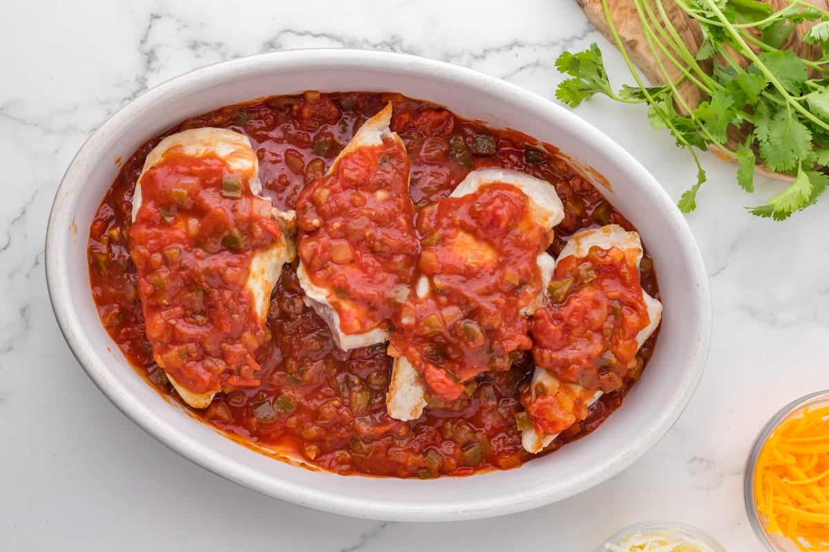 chicken with salsa over the top in a baking dish