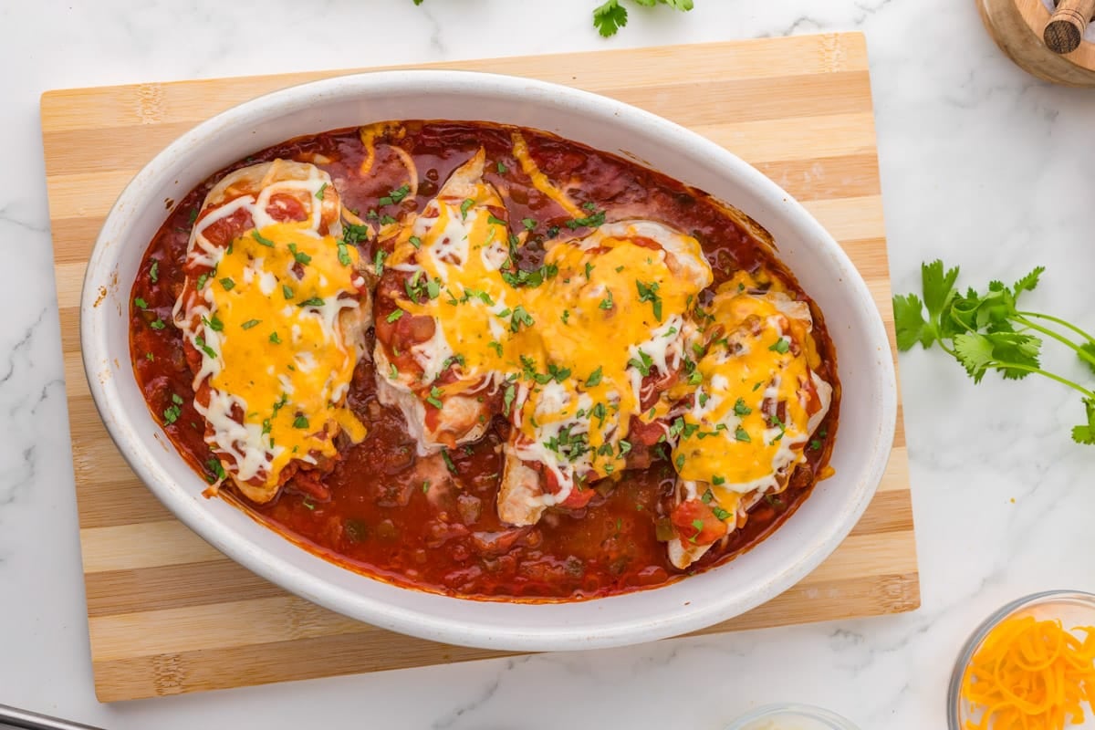 baked salsa chicken in a casserole dish