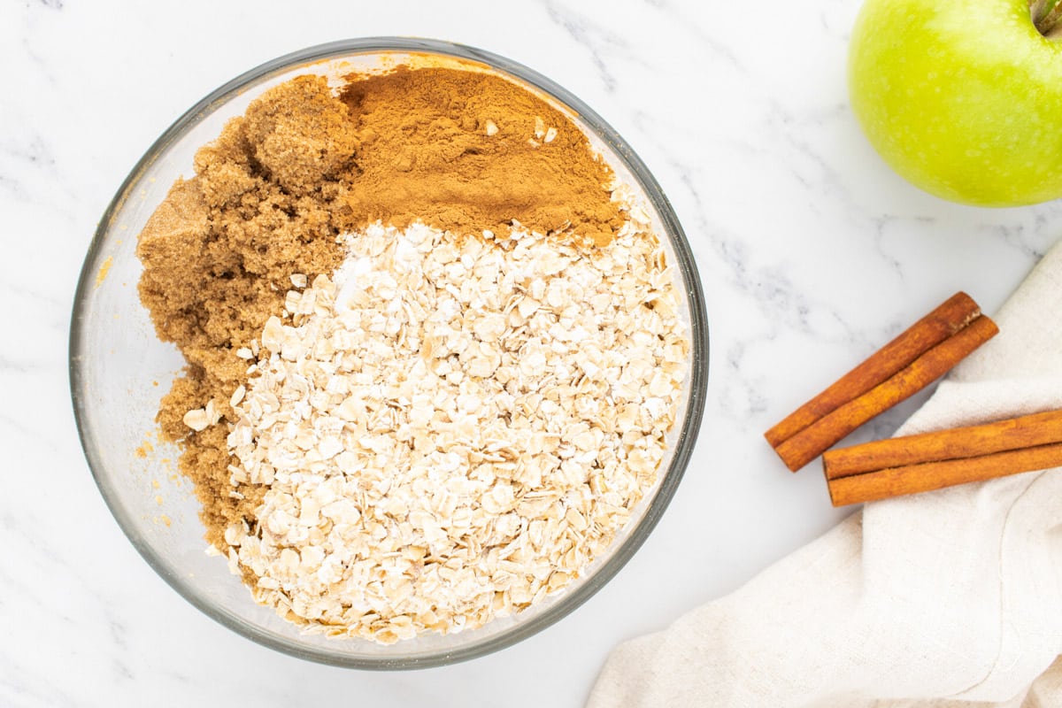 ingredients for oat streusel in a pan