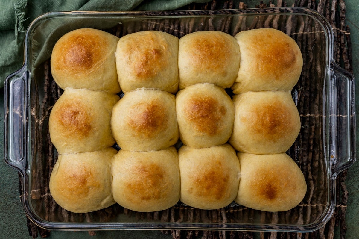overhead view of dinner rolls in a pan