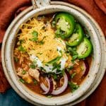 overhead view of a bowl of soup